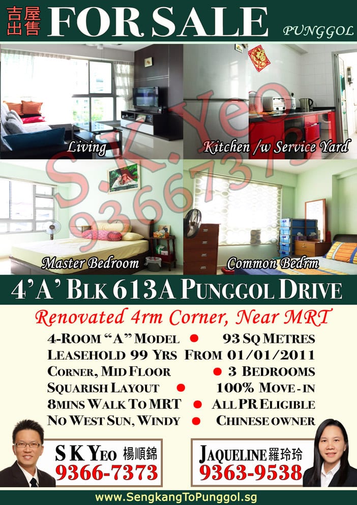 Punggol HDB 4'A' Blk 613A Punggol Drive by Property Agent S.K.Yeo ERA